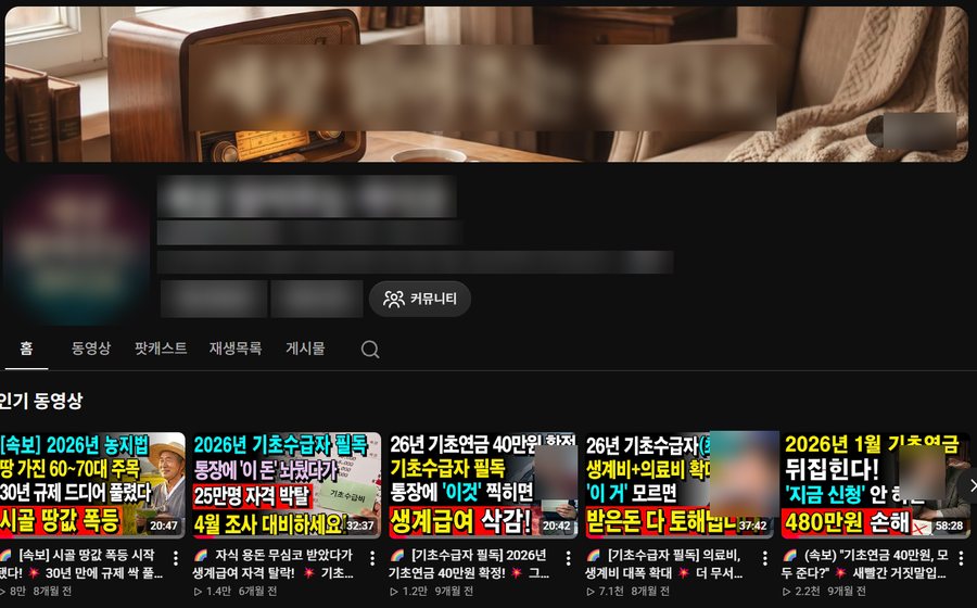 정보 분야 유튜브 채널 화면(채널 이름은 흐리게 가림)